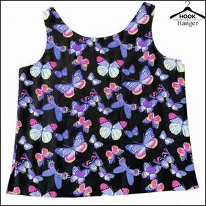 Vintage Ann May Butterfly Print 100% Silk Tank Top M Sleeveless Black Purple Y2K